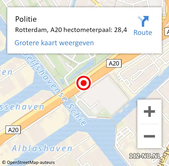 Locatie op kaart van de 112 melding: Politie Rotterdam, A20 hectometerpaal: 28,4 op 21 juni 2021 17:22