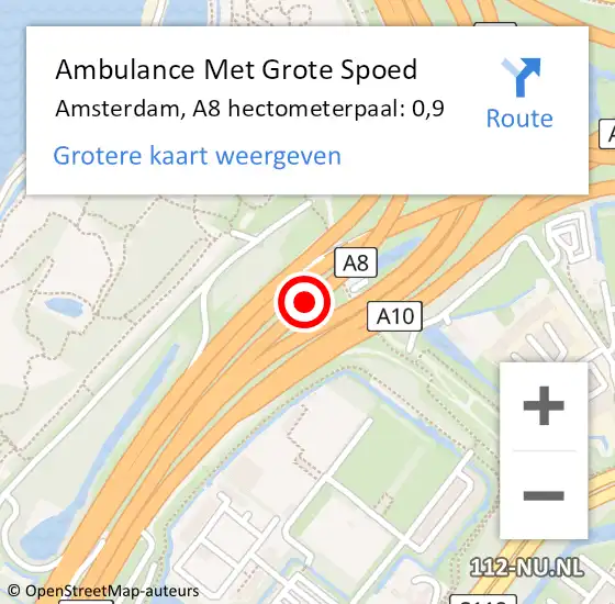 Locatie op kaart van de 112 melding: Ambulance Met Grote Spoed Naar Amsterdam, A8 hectometerpaal: 0,9 op 21 juni 2021 18:25