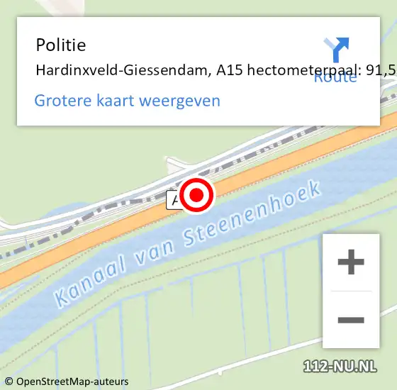 Locatie op kaart van de 112 melding: Politie Hardinxveld-Giessendam, A15 hectometerpaal: 91,5 op 21 juni 2021 18:38