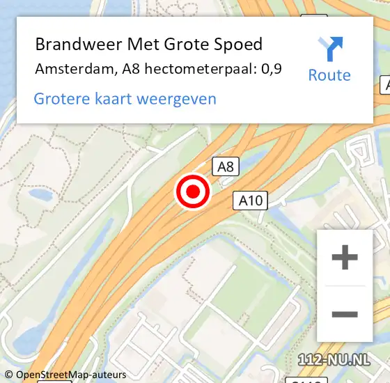Locatie op kaart van de 112 melding: Brandweer Met Grote Spoed Naar Amsterdam, A8 hectometerpaal: 0,9 op 21 juni 2021 18:41