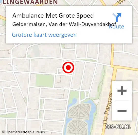 Locatie op kaart van de 112 melding: Ambulance Met Grote Spoed Naar Geldermalsen, Van der Wall-Duyvendakhof op 21 juni 2021 21:16