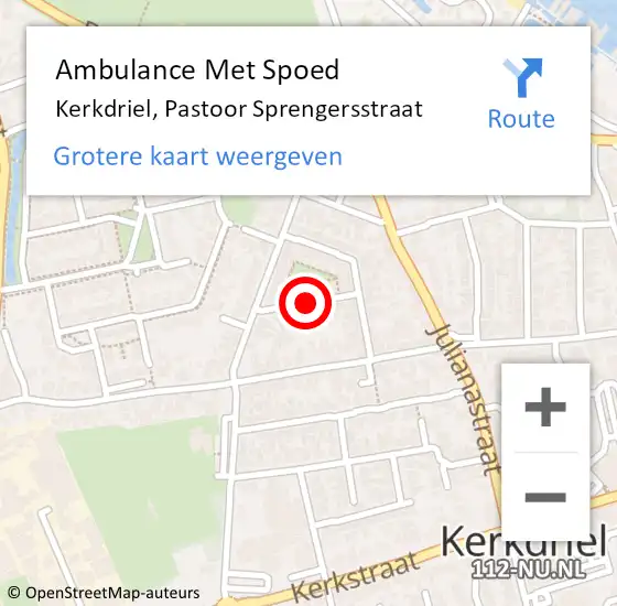 Locatie op kaart van de 112 melding: Ambulance Met Spoed Naar Kerkdriel, Pastoor Sprengersstraat op 21 juni 2021 22:02