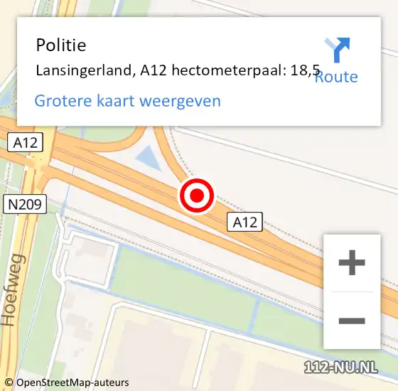 Locatie op kaart van de 112 melding: Politie Lansingerland, A12 hectometerpaal: 18,5 op 21 juni 2021 22:47