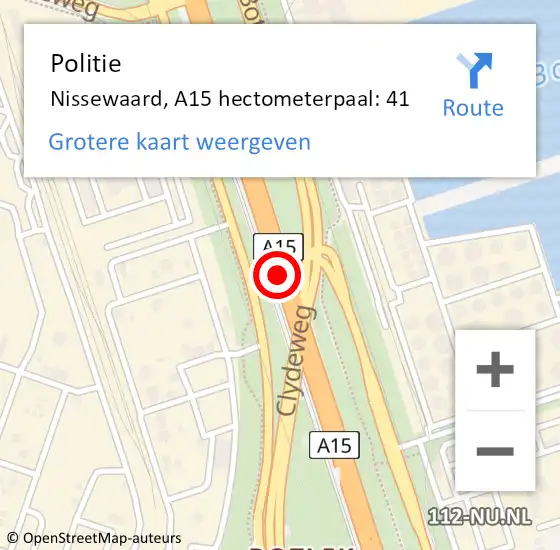 Locatie op kaart van de 112 melding: Politie Bernisse, A15 hectometerpaal: 41 op 22 juni 2021 09:38