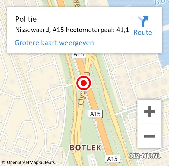 Locatie op kaart van de 112 melding: Politie Bernisse, A15 hectometerpaal: 41,1 op 22 juni 2021 09:38