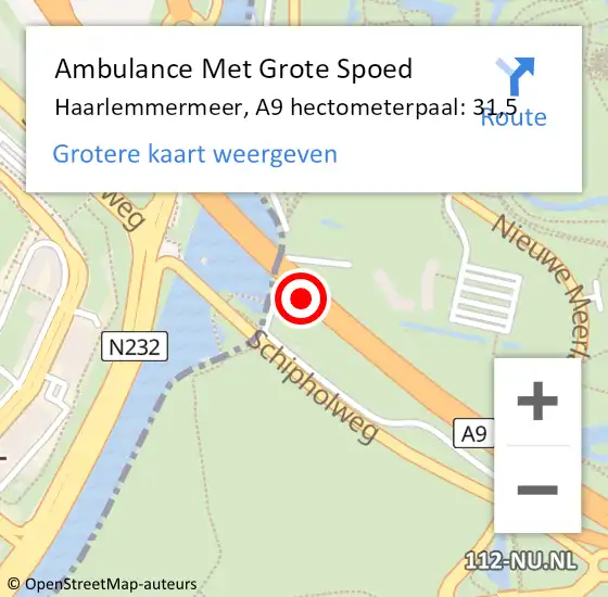 Locatie op kaart van de 112 melding: Ambulance Met Grote Spoed Naar Haarlemmermeer, A9 hectometerpaal: 31,5 op 22 juni 2021 10:28