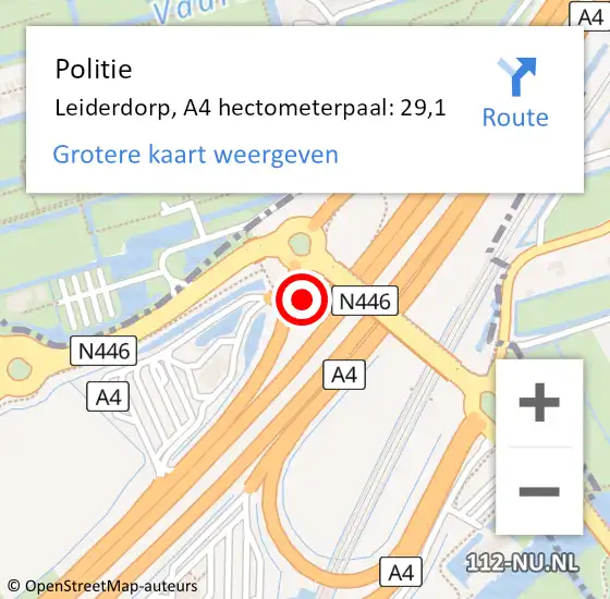 Locatie op kaart van de 112 melding: Politie Leiderdorp, A4 hectometerpaal: 29,1 op 22 juni 2021 12:50