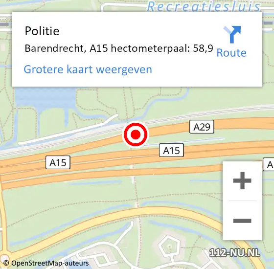 Locatie op kaart van de 112 melding: Politie Barendrecht, A15 hectometerpaal: 58,9 op 22 juni 2021 12:55