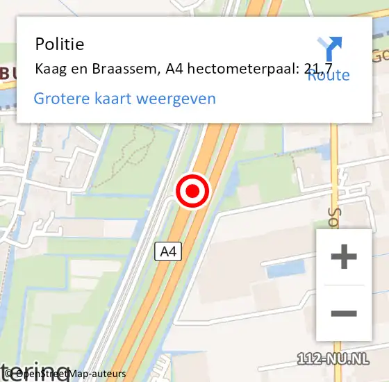 Locatie op kaart van de 112 melding: Politie Kaag en Braassem, A4 hectometerpaal: 21,7 op 22 juni 2021 15:16