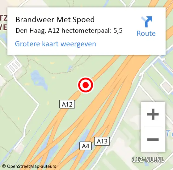 Locatie op kaart van de 112 melding: Brandweer Met Spoed Naar Den Haag, A12 hectometerpaal: 5,5 op 22 juni 2021 17:52