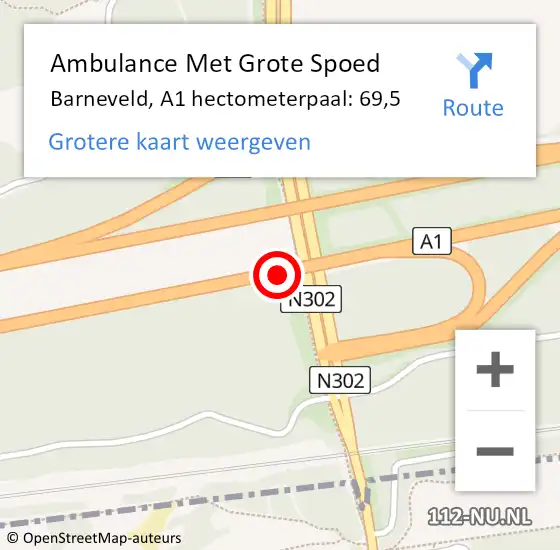 Locatie op kaart van de 112 melding: Ambulance Met Grote Spoed Naar Barneveld, A1 hectometerpaal: 69,5 op 22 juni 2021 20:21