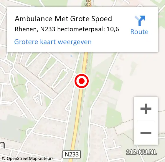 Locatie op kaart van de 112 melding: Ambulance Met Grote Spoed Naar Rhenen, N233 hectometerpaal: 10,6 op 23 juni 2021 07:49