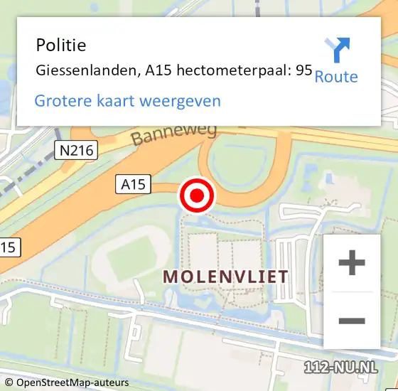 Locatie op kaart van de 112 melding: Politie Giessenlanden, A15 hectometerpaal: 95 op 23 juni 2021 08:59