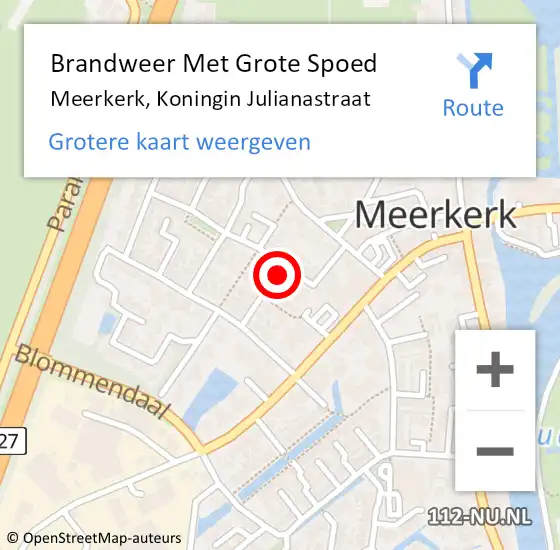 Locatie op kaart van de 112 melding: Brandweer Met Grote Spoed Naar Meerkerk, Koningin Julianastraat op 23 juni 2021 10:57