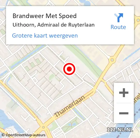 Locatie op kaart van de 112 melding: Brandweer Met Spoed Naar Uithoorn, Admiraal de Ruyterlaan op 23 juni 2021 12:27