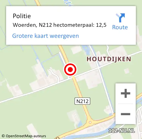 Locatie op kaart van de 112 melding: Politie Woerden, N212 hectometerpaal: 12,5 op 23 juni 2021 18:41