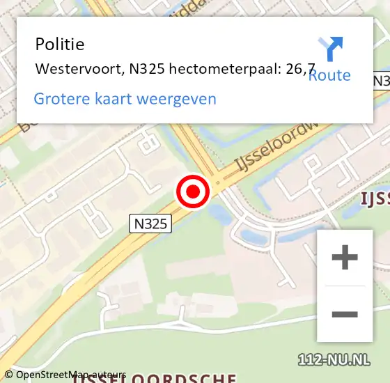 Locatie op kaart van de 112 melding: Politie Westervoort, N325 hectometerpaal: 26,7 op 23 juni 2021 21:06