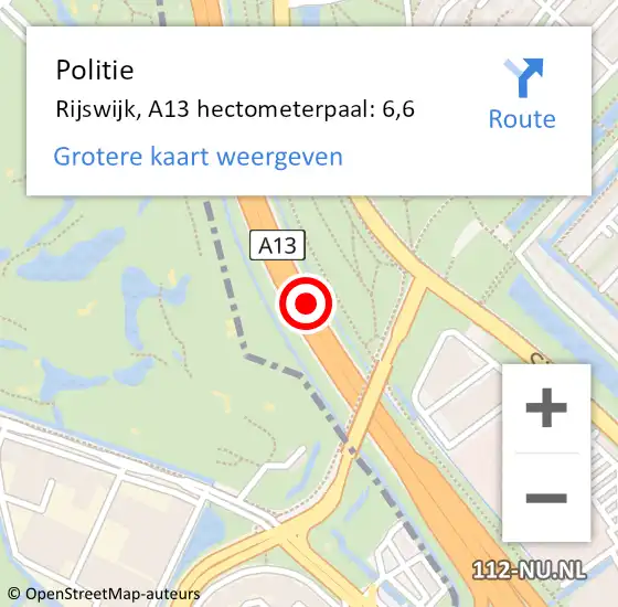 Locatie op kaart van de 112 melding: Politie Rijswijk, A13 hectometerpaal: 6,6 op 23 juni 2021 21:13