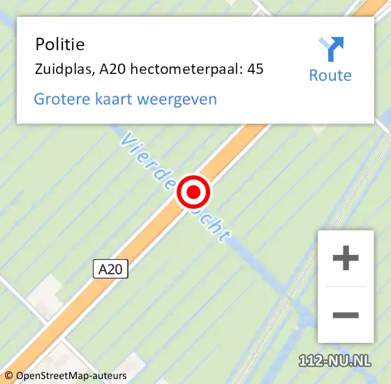 Locatie op kaart van de 112 melding: Politie Zuidplas, A20 hectometerpaal: 45 op 23 juni 2021 21:15