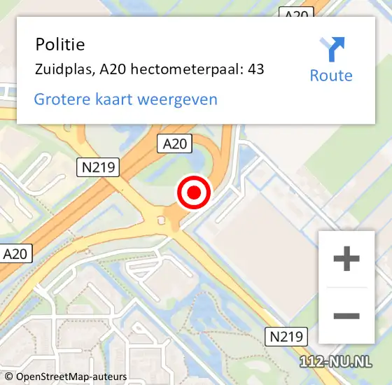 Locatie op kaart van de 112 melding: Politie Zuidplas, A20 hectometerpaal: 43 op 23 juni 2021 21:23