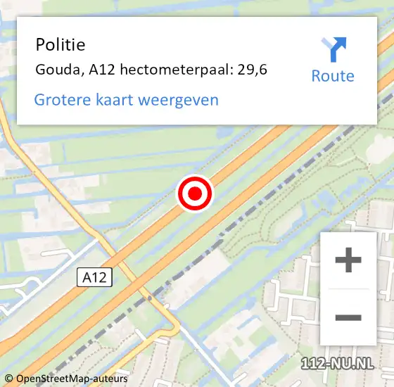 Locatie op kaart van de 112 melding: Politie Bodegraven-Reeuwijk, A12 hectometerpaal: 29,6 op 23 juni 2021 22:57