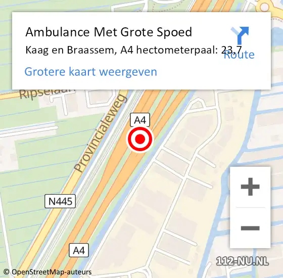 Locatie op kaart van de 112 melding: Ambulance Met Grote Spoed Naar Kaag en Braassem, A4 hectometerpaal: 23,7 op 24 juni 2021 00:39