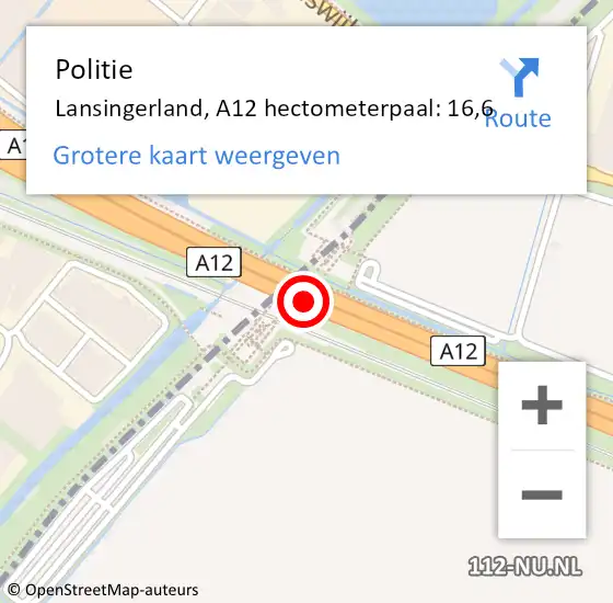 Locatie op kaart van de 112 melding: Politie Lansingerland, A12 hectometerpaal: 16,6 op 24 juni 2021 06:50