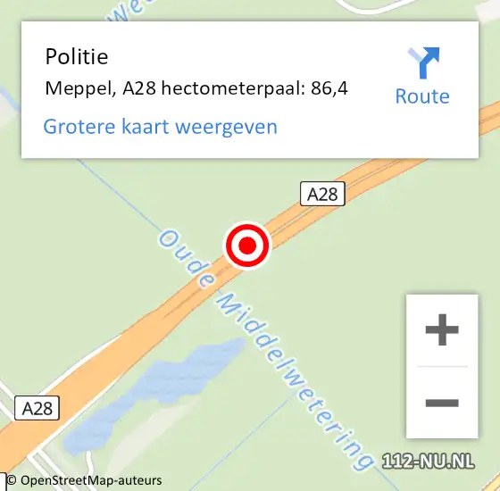 Locatie op kaart van de 112 melding: Politie Meppel, A28 hectometerpaal: 86,4 op 24 juni 2021 08:22