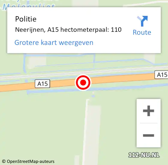 Locatie op kaart van de 112 melding: Politie Neerijnen, A15 hectometerpaal: 110 op 24 juni 2021 09:09