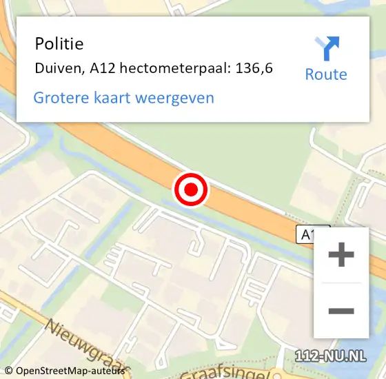 Locatie op kaart van de 112 melding: Politie Duiven, A12 hectometerpaal: 136,6 op 24 juni 2021 09:45