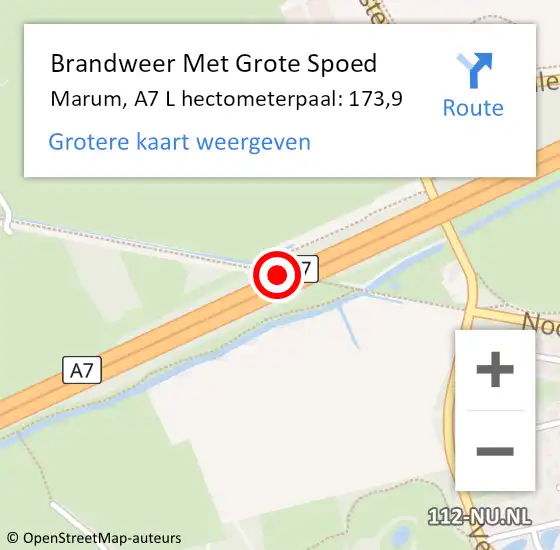 Locatie op kaart van de 112 melding: Brandweer Met Grote Spoed Naar Marum, A7 L hectometerpaal: 173,9 op 14 juni 2014 08:33