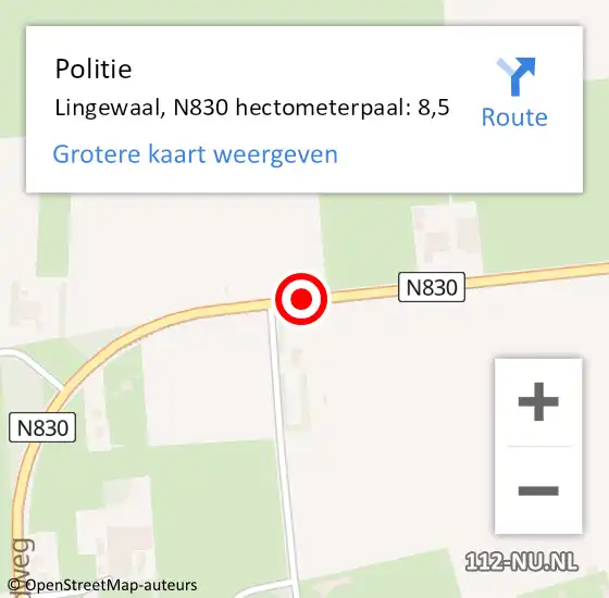 Locatie op kaart van de 112 melding: Politie Lingewaal, N830 hectometerpaal: 8,5 op 24 juni 2021 11:19