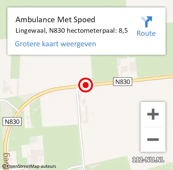 Locatie op kaart van de 112 melding: Ambulance Met Spoed Naar Lingewaal, N830 hectometerpaal: 8,5 op 24 juni 2021 11:24