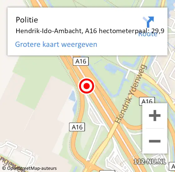 Locatie op kaart van de 112 melding: Politie Ridderkerk, A16 hectometerpaal: 29,9 op 24 juni 2021 12:45