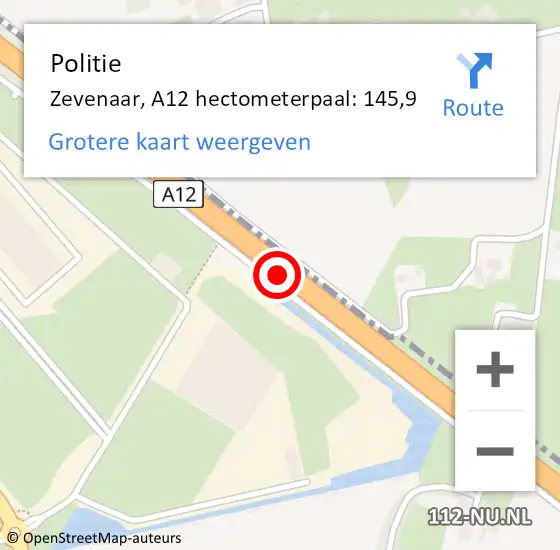 Locatie op kaart van de 112 melding: Politie Zevenaar, A12 hectometerpaal: 145,9 op 24 juni 2021 13:10