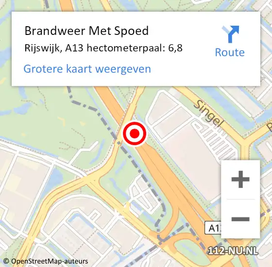 Locatie op kaart van de 112 melding: Brandweer Met Spoed Naar Rijswijk, A13 hectometerpaal: 6,8 op 24 juni 2021 13:17