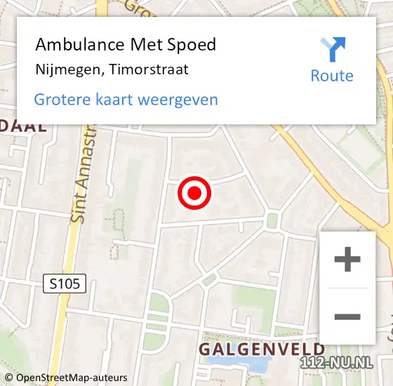 Locatie op kaart van de 112 melding: Ambulance Met Spoed Naar Nijmegen, Timorstraat op 24 juni 2021 14:12