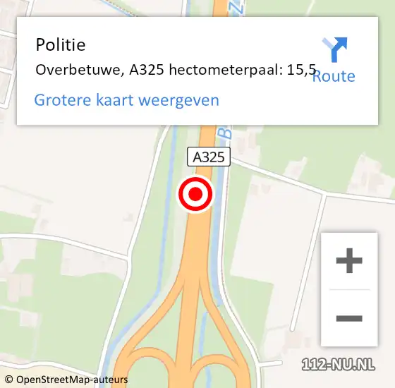 Locatie op kaart van de 112 melding: Politie Overbetuwe, A325 hectometerpaal: 15,5 op 24 juni 2021 14:20