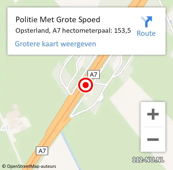 Locatie op kaart van de 112 melding: Politie Met Grote Spoed Naar Opsterland, A7 hectometerpaal: 153,5 op 24 juni 2021 14:47