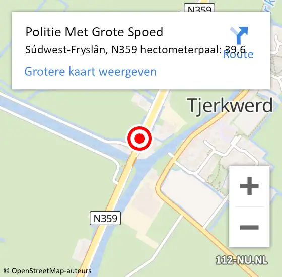 Locatie op kaart van de 112 melding: Politie Met Grote Spoed Naar Súdwest-Fryslân, N359 hectometerpaal: 39,6 op 24 juni 2021 16:13