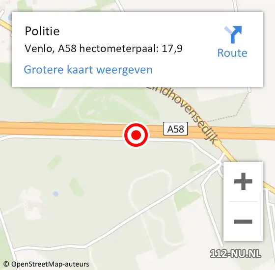 Locatie op kaart van de 112 melding: Politie Venlo, A58 hectometerpaal: 17,9 op 24 juni 2021 16:28