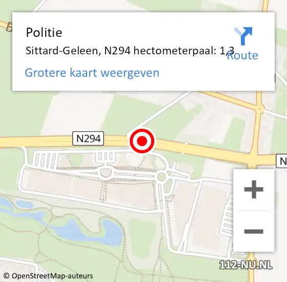 Locatie op kaart van de 112 melding: Politie Sittard-Geleen, N294 hectometerpaal: 1,3 op 24 juni 2021 16:31