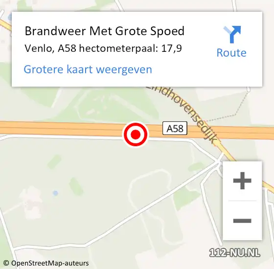 Locatie op kaart van de 112 melding: Brandweer Met Grote Spoed Naar Venlo, A58 hectometerpaal: 17,9 op 24 juni 2021 16:33