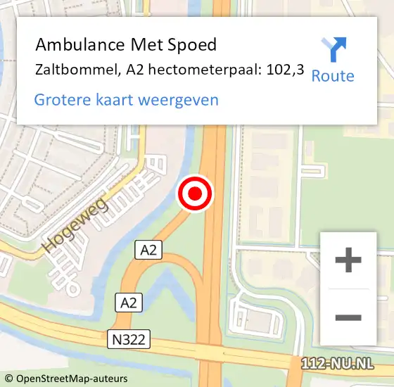 Locatie op kaart van de 112 melding: Ambulance Met Spoed Naar Zaltbommel, A2 hectometerpaal: 102,3 op 24 juni 2021 17:20