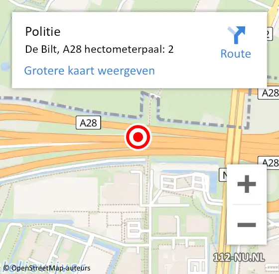 Locatie op kaart van de 112 melding: Politie De Bilt, A28 hectometerpaal: 2 op 24 juni 2021 17:26