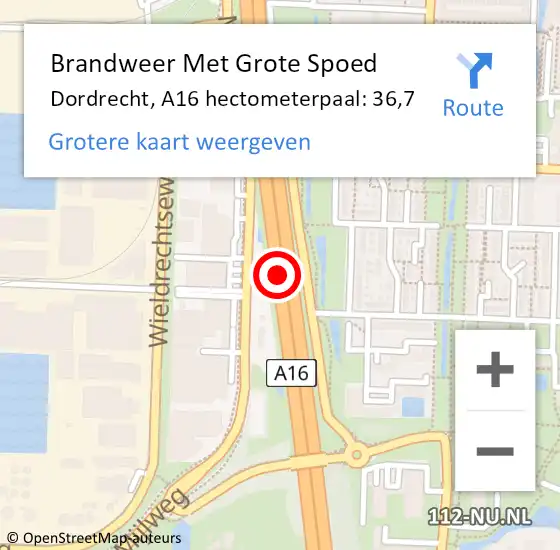 Locatie op kaart van de 112 melding: Brandweer Met Grote Spoed Naar Dordrecht, A16 hectometerpaal: 36,7 op 24 juni 2021 17:45
