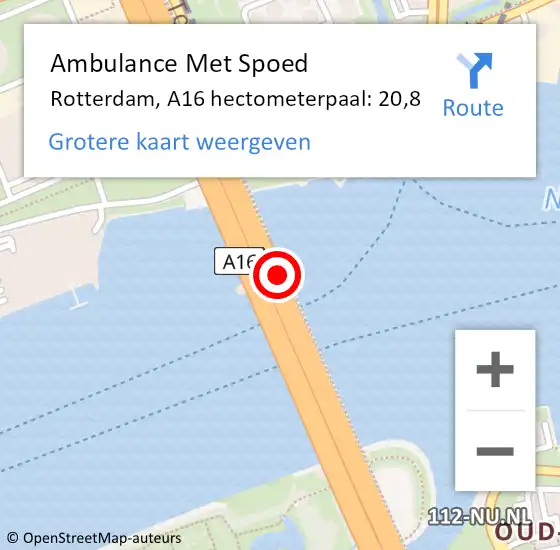 Locatie op kaart van de 112 melding: Ambulance Met Spoed Naar Rotterdam, A16 hectometerpaal: 20,8 op 24 juni 2021 18:17