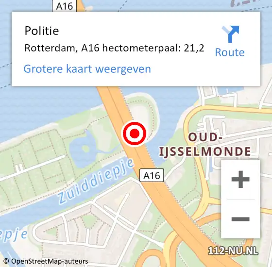 Locatie op kaart van de 112 melding: Politie Rotterdam, A16 hectometerpaal: 21,2 op 24 juni 2021 18:17