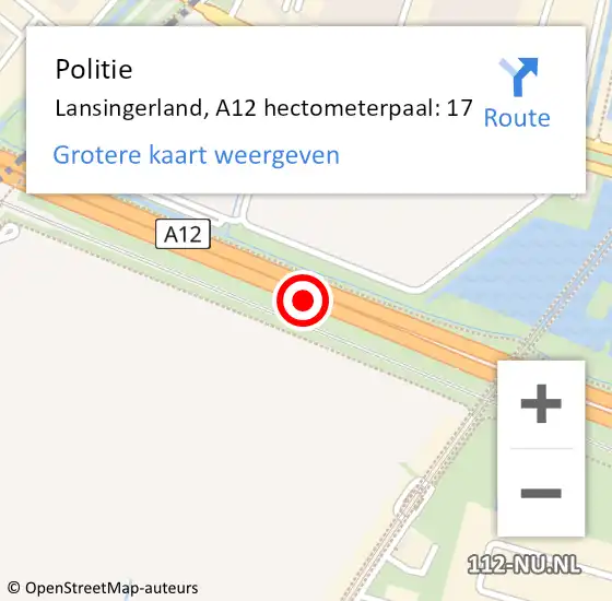Locatie op kaart van de 112 melding: Politie Lansingerland, A12 hectometerpaal: 17 op 24 juni 2021 18:28