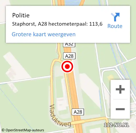 Locatie op kaart van de 112 melding: Politie Staphorst, A28 hectometerpaal: 113,6 op 24 juni 2021 18:53